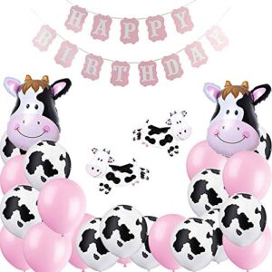 cow print balloons, 38 pcs farm birthday party supplies pink happy birthday banner, cow balloons, pink balloons, cow foil balloons for farm birthday party, cow party decorations