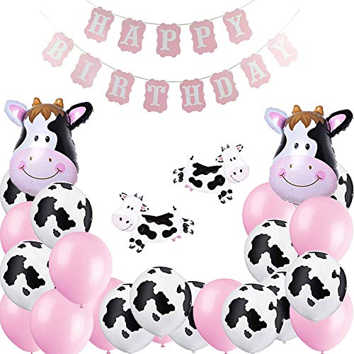 Cow Print Balloons, 38 Pcs Farm Birthday Party Supplies Pink Happy Birthday Banner, Cow Balloons, Pink Balloons, Cow Foil Balloons for Farm Birthday Party, Cow Party Decorations