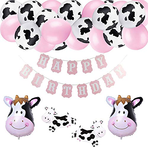 Cow Print Balloons, 38 Pcs Farm Birthday Party Supplies Pink Happy Birthday Banner, Cow Balloons, Pink Balloons, Cow Foil Balloons for Farm Birthday Party, Cow Party Decorations