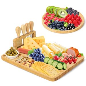 bamboo cheese board and knife set - charcuterie boards bamboo wood cutting platter and cheese serving tray for wine, crackers,brie, fruits, bread and meat