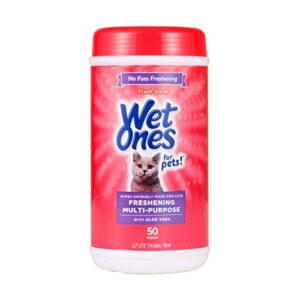 wet ones for pets freshening multipurpose wipes for cats with aloe vera | easy to use cat cleaning wipes, freshening cat grooming wipes for pet grooming in fresh scent | 50 ct cannister cat wipes