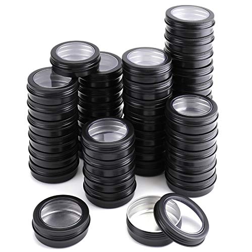 Foraineam 40 Pack 2 Ounce Round Tins Screw Lid Containers with Clear Window Matte Black Metal Empty Tin Cans Aluminum Travel Storage Jars for Kitchen, Office, Candles, Candies, Gifts, Arts & Crafts