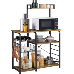 yaheetech kitchen bakers rack with wire basket, microwave stand cart coffee bar with 10 s-hooks, kitchen utility storage shelf with wine storage for spices, pots, pans, rustic brown