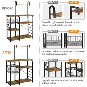 Yaheetech Kitchen Bakers Rack with Wire Basket, Microwave Stand Cart Coffee Bar with 10 S-Hooks, Kitchen Utility Storage Shelf with Wine Storage for Spices, Pots, Pans, Rustic Brown