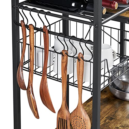 Yaheetech Kitchen Bakers Rack with Wire Basket, Microwave Stand Cart Coffee Bar with 10 S-Hooks, Kitchen Utility Storage Shelf with Wine Storage for Spices, Pots, Pans, Rustic Brown