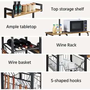 Yaheetech Kitchen Bakers Rack with Wire Basket, Microwave Stand Cart Coffee Bar with 10 S-Hooks, Kitchen Utility Storage Shelf with Wine Storage for Spices, Pots, Pans, Rustic Brown