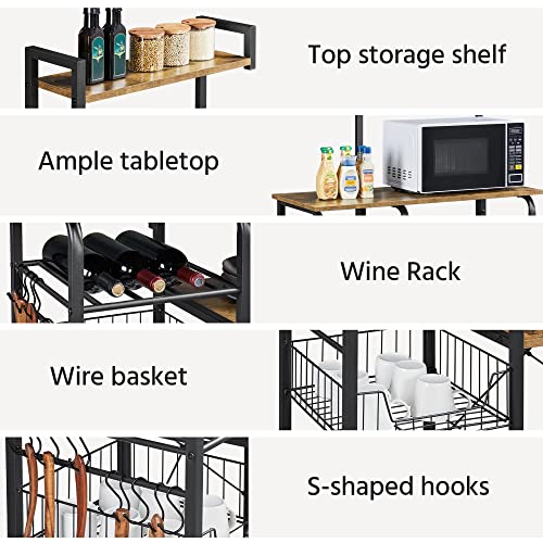 Yaheetech Kitchen Bakers Rack with Wire Basket, Microwave Stand Cart Coffee Bar with 10 S-Hooks, Kitchen Utility Storage Shelf with Wine Storage for Spices, Pots, Pans, Rustic Brown