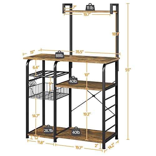 Yaheetech Kitchen Bakers Rack with Wire Basket, Microwave Stand Cart Coffee Bar with 10 S-Hooks, Kitchen Utility Storage Shelf with Wine Storage for Spices, Pots, Pans, Rustic Brown