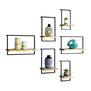 welland modern floating shelves, metal frame rustic wood shelves, home decor hanging wall mounted display organizing shelf for living room, bedroom, office, bathroom, set of 6
