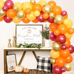 100 fall themed balloon garland arch kit - burgundy orange golden latex balloons with balloon for autumn pumpkin thanksgiving day baby shower wedding birthday party decorations