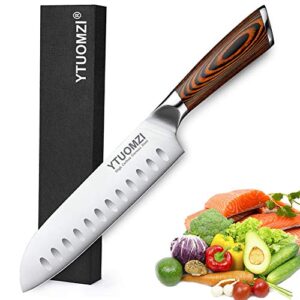 ytuomzi santoku knife - 7" kitchen knife ultra sharp asian knife japanese chef knife - vegetable knife cutlery - hollow ground german steel blade - pakkawood handle
