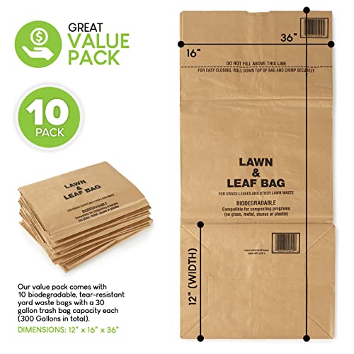 30 Gallon Kraft Lawn and Leaf Bags (10 Pack) Eco-Friendly Heavy Duty Large Paper Trash Bags, Tear Resistant Yard Waste Bags for Grass Clippings, Wet and Dry Leaves, Weeds, and Twigs - Stock Your Home