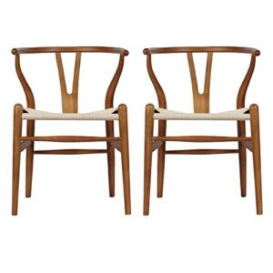 vodur wishbone chair natural solid wood dining chair/hans wegner y-shaped backrest hemp seat dining room chairs set of 2, mid-century rattan dining chair in walnut (ash wood - walnut)