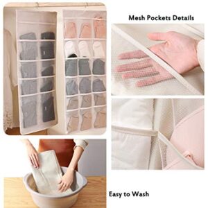 Home Closet Hanging Organizer Mesh Pockets Dual Sided Wall Shelf Wardrobe Storage Bags for Bra Underwear Socks Jewelry Gadget Included 2 Hooks 2 Clothes Hanger Connector Hooks (Beige, 30 Pocktes)