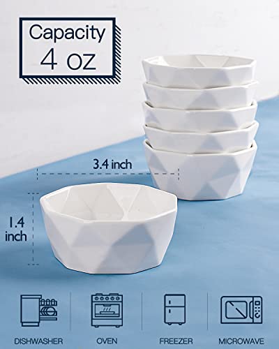 Delling Ramekins 4 oz Set, Creme Brulee Ramekins Oven Safe, Geometric Souffle Dishes Ramekins, Porcelain Ramekin for Baking Souffle Ramekins Bowls, Small Souffle Dishes Bowls Set of 6, White