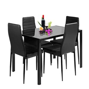 henf 5-piece kitchen dining table set w/glass tabletop, 4 pu leather chairs glass dining set for home kitchen dining room breakfast furniture, black