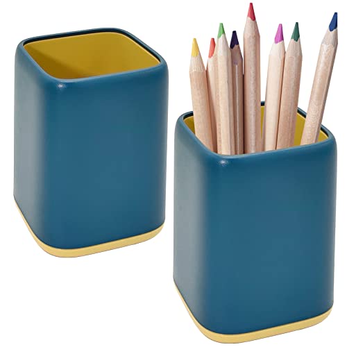 Cerpourt 2 Pack Desk Pen Holder,Two-Tone Cute Pen Cup Makeup Brush Holder,Durable Desktop Organizer Pencil Holder for Desk,Vanity Table,Office Supplies (Blue)