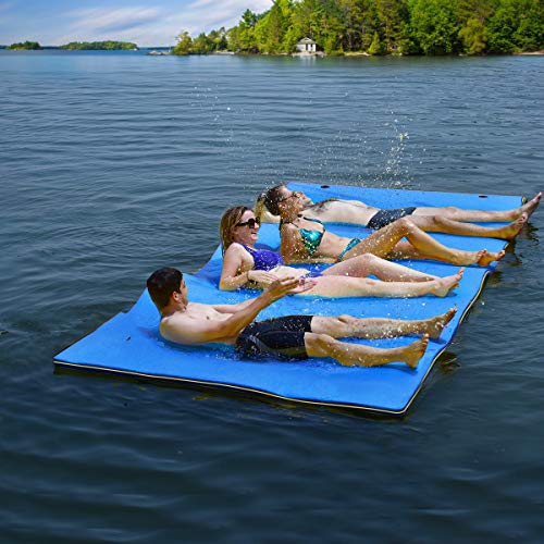 GYMAX Floating Water Pad, 9'/18' x 6' Water Foam Mat with Rolling Pillow, 3-Layer Floating Island for Pool River Lake Beach Ocean Water Activities (Blue, 9 Feet)