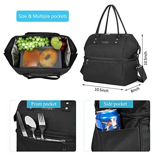 UTOTEBAG Double Deck Lunch Bag Leak Proof Insulated Lunch Box Large Cooler Tote Bag Thermal Meal Prep Organizer with Removable Strap for Men Women, Black