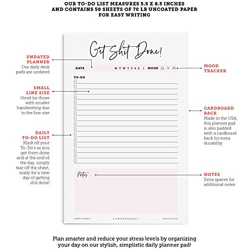 Daily Planner Get Shit Done - Desk Organizer - to Do List Notepad - 5.5 x 8.5 Inch - Office Decor for Women - 50 Page Tear Off Undated Planner