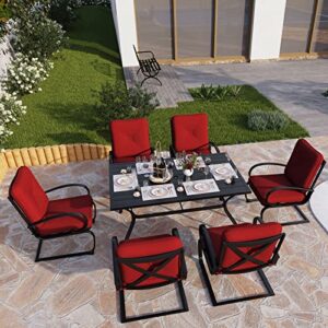 phi villa 7 piece patio dining set with 60"x38" rectangular large metal dining table and 6 pcs outdoor c-spring motion dining chairs(red) for garden lawn
