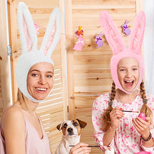 Syhood 2 Pieces Plush Bunny Ears Hats Rabbit Costume Hood Fun Warm Hats for Women Men Christmas Easter Party Decoration (White, Pink)