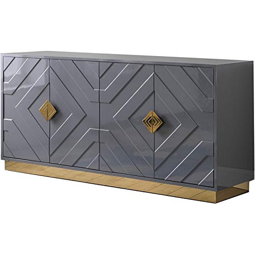 Best Master Furniture Titus High Gloss Lacquer Sideboard/Buffet with Gold Trim, Grey