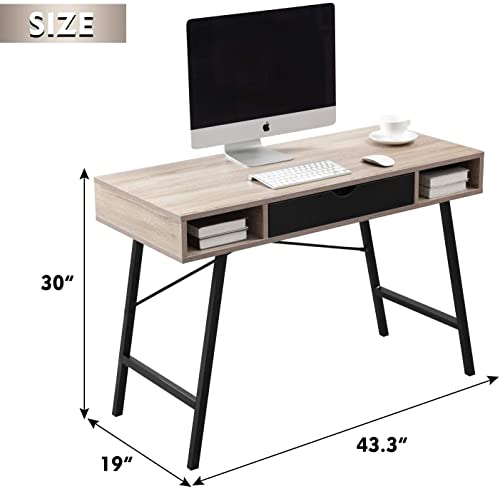 Bonzy Home Office Computer Desk with Drawer Student Writing Study Table 43 inches for Bedroom Dormitory Walnut Black