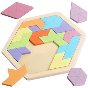 wooden hexagon puzzle for kid adults wooden blocks puzzle brain teasers toy shape pattern blocks tangram puzzles games family portable montessori educational gift for all ages children challenge