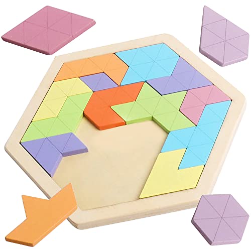 Wooden Hexagon Puzzle for Kid Adults Wooden Blocks Puzzle Brain Teasers Toy Shape Pattern Blocks Tangram Puzzles Games Family Portable Montessori Educational Gift for All Ages Children Challenge