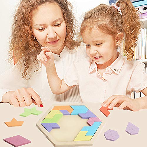 Wooden Hexagon Puzzle for Kid Adults Wooden Blocks Puzzle Brain Teasers Toy Shape Pattern Blocks Tangram Puzzles Games Family Portable Montessori Educational Gift for All Ages Children Challenge