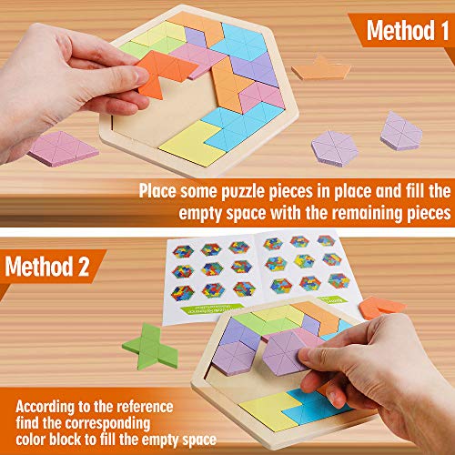 Wooden Hexagon Puzzle for Kid Adults Wooden Blocks Puzzle Brain Teasers Toy Shape Pattern Blocks Tangram Puzzles Games Family Portable Montessori Educational Gift for All Ages Children Challenge