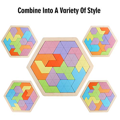 Wooden Hexagon Puzzle for Kid Adults Wooden Blocks Puzzle Brain Teasers Toy Shape Pattern Blocks Tangram Puzzles Games Family Portable Montessori Educational Gift for All Ages Children Challenge