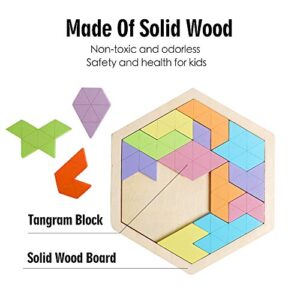 Wooden Hexagon Puzzle for Kid Adults Wooden Blocks Puzzle Brain Teasers Toy Shape Pattern Blocks Tangram Puzzles Games Family Portable Montessori Educational Gift for All Ages Children Challenge