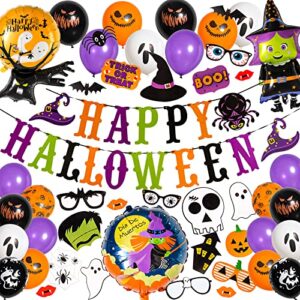 whaline 60pcs halloween balloons party decorations set happy halloween banner latex balloons with ribbons witch ghost tree ball halloween party foil balloons photo props for halloween decor supplies