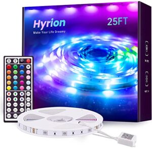 hyrion 25ft led light strips, 1 roll of 25 ft led lights for bedroom with 44 keys remote for bedroom, kitchen, desk, color changing led lights for home decoration