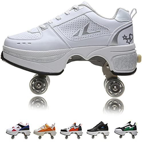 Women's Retractable Roller Skates Outdoor Girls Kick Roller Shoes Men Deformation Sneakers,White Silver (白银)-EU31/US3.5