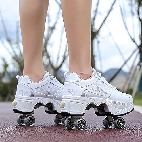 Women's Retractable Roller Skates Outdoor Girls Kick Roller Shoes Men Deformation Sneakers,White Silver (白银)-EU31/US3.5