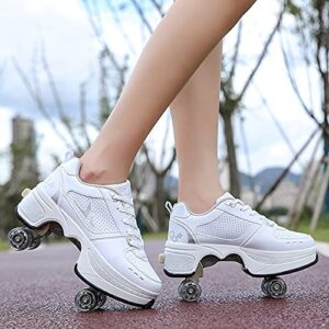 Women's Retractable Roller Skates Outdoor Girls Kick Roller Shoes Men Deformation Sneakers,White Silver (白银)-EU31/US3.5