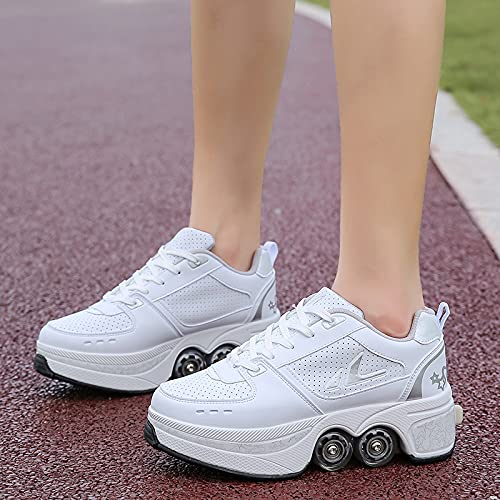 Women's Retractable Roller Skates Outdoor Girls Kick Roller Shoes Men Deformation Sneakers,White Silver (白银)-EU31/US3.5