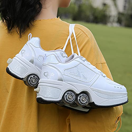 Women's Retractable Roller Skates Outdoor Girls Kick Roller Shoes Men Deformation Sneakers,White Silver (白银)-EU31/US3.5