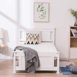 bonnlo twin size solid wood platform bed frame, single bed with headboard, no box spring needed panel bed, wood slat support mattress foundation, white