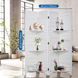 Tyyps 4 Panel 6 Ft Tall Wood Room Divider Folding Portable Privacy Wooden Screen Partition Wall Indoor/Outdoor Folding Screen w/Removable 3 Display Shelves Wooden Partitions for Home Office, White