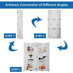 Tyyps 4 Panel 6 Ft Tall Wood Room Divider Folding Portable Privacy Wooden Screen Partition Wall Indoor/Outdoor Folding Screen w/Removable 3 Display Shelves Wooden Partitions for Home Office, White