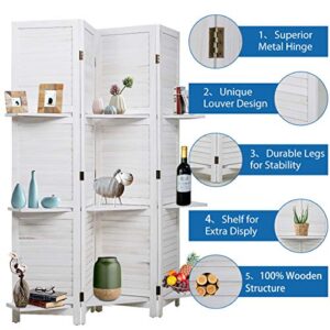 Tyyps 4 Panel 6 Ft Tall Wood Room Divider Folding Portable Privacy Wooden Screen Partition Wall Indoor/Outdoor Folding Screen w/Removable 3 Display Shelves Wooden Partitions for Home Office, White