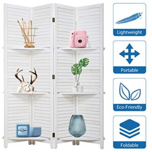 Tyyps 4 Panel 6 Ft Tall Wood Room Divider Folding Portable Privacy Wooden Screen Partition Wall Indoor/Outdoor Folding Screen w/Removable 3 Display Shelves Wooden Partitions for Home Office, White