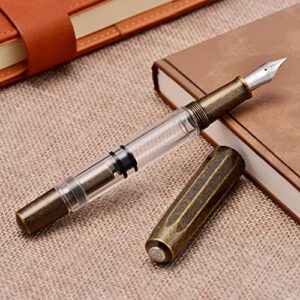 Majohn T1 Piston Fountain Pen Fine, Vintage Brass Transparent Acrylic Large Ink Capacity Writing Gift Box