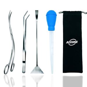 aquascaping tools, 5 in 1 stainless steel aquarium tool set with wave scissors, tweezers, spatula, squirt feeder, ph tester for fish tank aquatic plant