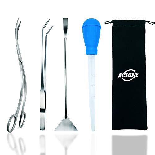 Aquascaping Tools, 5 in 1 Stainless Steel Aquarium Tool Set with Wave Scissors, Tweezers, Spatula, Squirt Feeder, PH Tester for Fish Tank Aquatic Plant