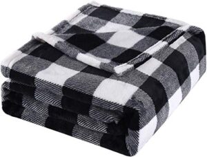 bobor buffalo plaid throw blanket for couch bed, flannel black white checker plaid pattern christmas decorative throw blanket, super soft comfortable lightweight fuzzy blanket (black white, 59"x79")